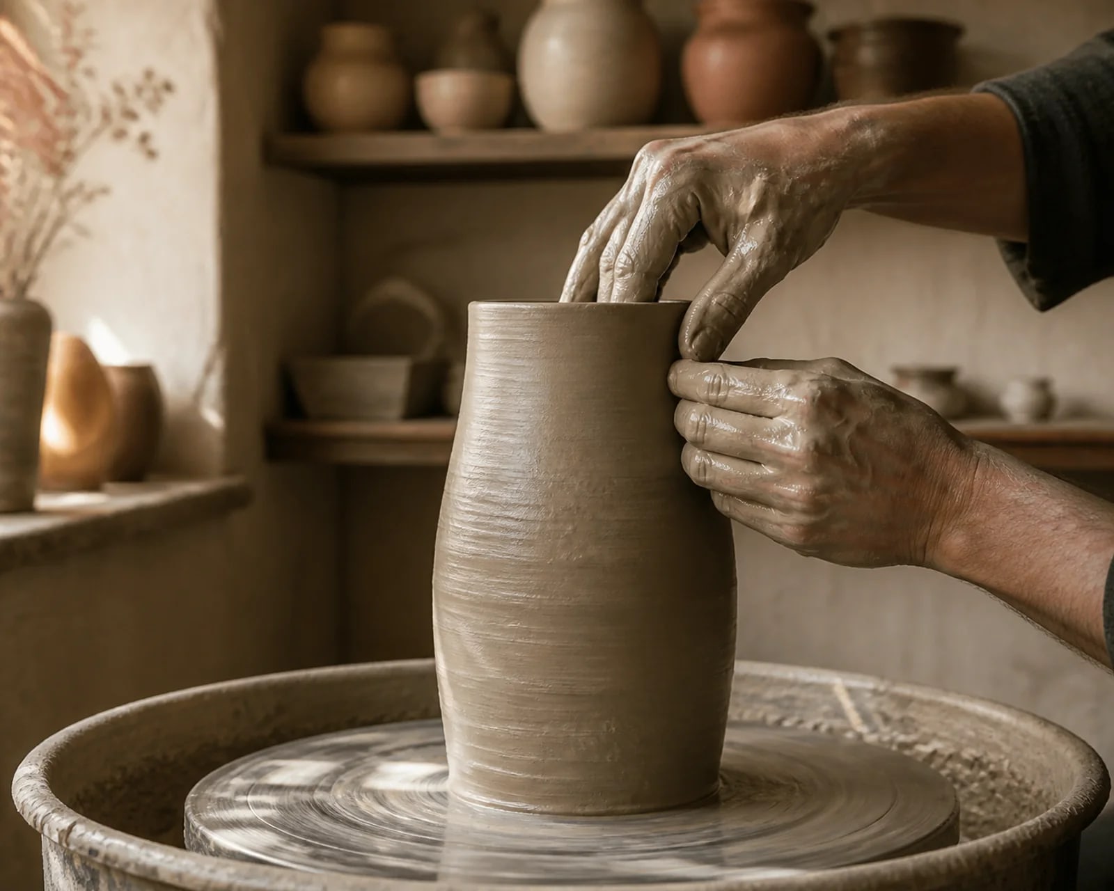 Hands shaping clay on the wheel